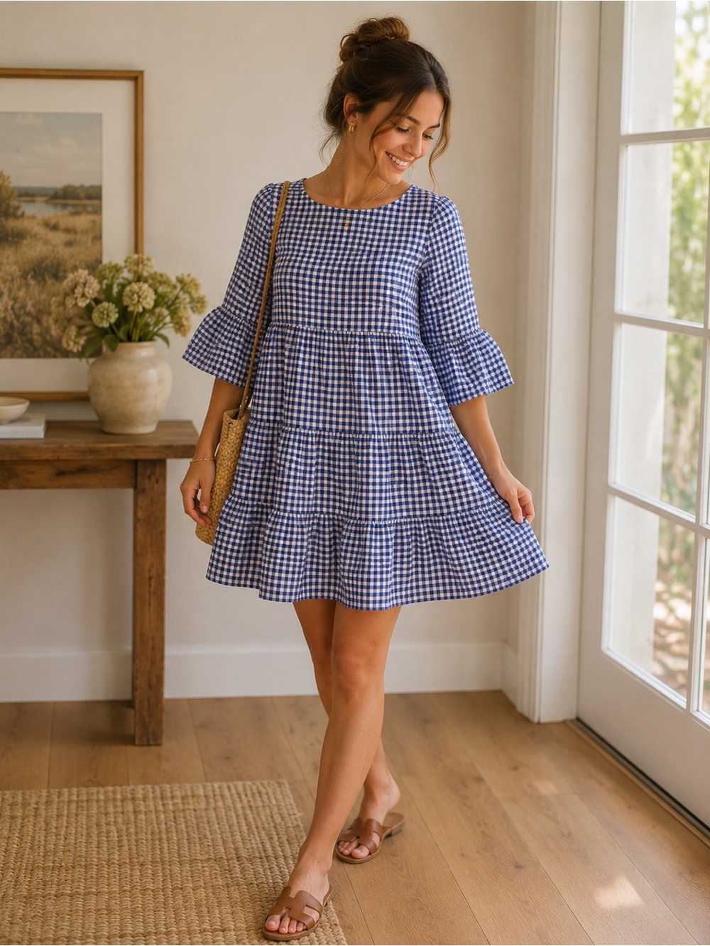Zara Blue Gingham BabyDoll Plaid Tiered Women’s Sz XS Flutter Bell Sleeve Dress
